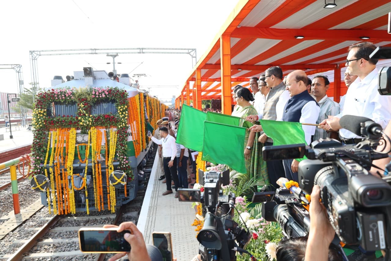 Indian Railways officials flagging off the newly launched express train connecting Khatipura, Tatanagar and Santragachi.