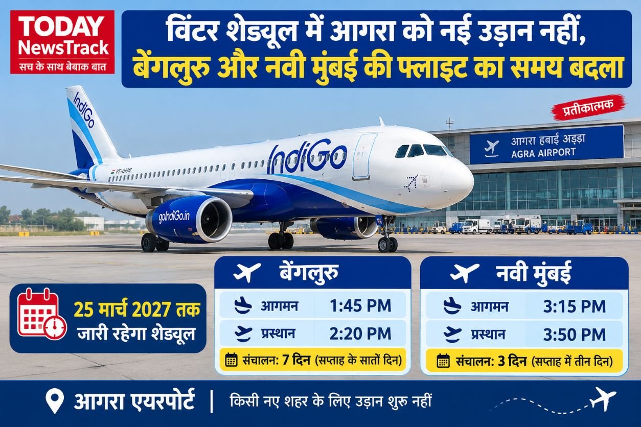 IndiGo aircraft at Agra Airport showing revised winter flight timings for Bengaluru and Navi Mumbai from October 25, 2026.