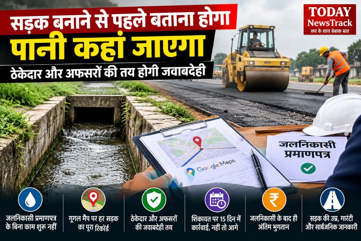 Road construction and drainage system showing road roller, water drainage channel and contractor accountability proposal in Agra.