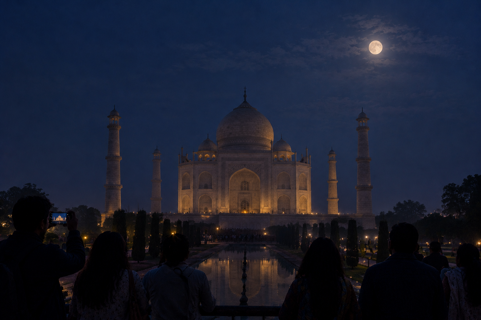 Symbolic AI-generated image of the Taj Mahal glowing under the moonlight on Sharad Purnima in Agra.